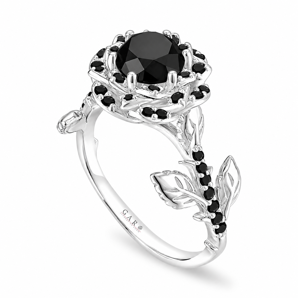 1.57 Carat Black Diamond Floral Engagement Ring Rose Flower Halo