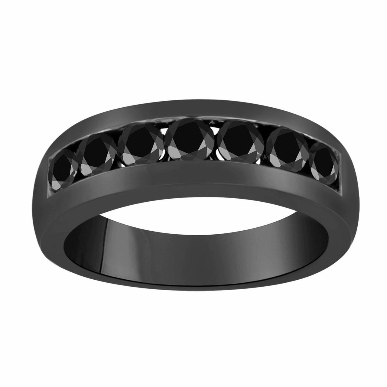 Black Diamond Wedding Band Vintage Style 14K Black Gold 7 Stone Canal