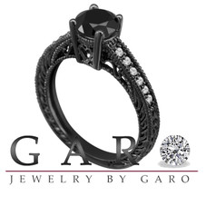 Natural Black Diamond Engagement Ring 14K Black Gold Vintage Style 1.20 Carat Certified Handmade