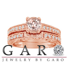 Morganite Engagement Ring Sets 14K Rose Gold 0.75 Carat Vintage Style Engraved Handmade Certified