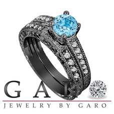 Blue Topaz and Diamonds Engagement Ring Set Vintage Style 14K Black Gold 1.38 Carat Handmade Certified