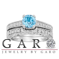 Blue Topaz and Diamonds Filigree Engagement Ring Set Unique 14K White Gold 1.38 Carat Handmade Certified