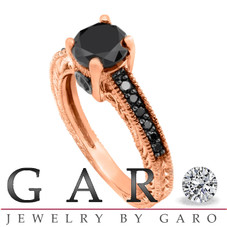 Fancy Black Diamond Engagement Ring 14K Rose Gold 1.35 Carat Antique Vintage Style Engraved Pave Set HandMade Certified