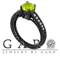 Peridot & Diamonds Engagement Ring Vintage Style 14K Black Gold 0.74 Carat Antique Vintage Style Engraved handmade