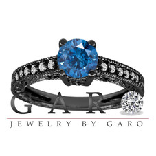 Blue Diamond Engagement Ring 14K Black Gold 0.64 Carat Certified Antique Vintage Style Engraved Handmade