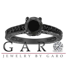 Black Diamonds Engagement Ring Vintage Style 14K Black Gold 0.79 Carat Pave Set HandMade Certified