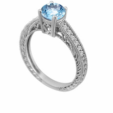 Aquamarine & Diamond Engagement Ring 1.00 Carat 14K White Gold Vintage Antique Style Engraved HandMade