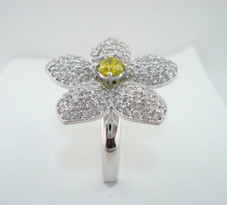 Fancy Yellow Diamonds Flower Engagement Ring 2.05 Carat 14K White Gold Handmade Pave Unique