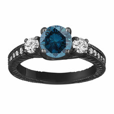 Blue  Diamond Three Stone Engagement Ring 1.38 Carat Vintage Style 14K Black Gold Antique Style Engraved Handmade