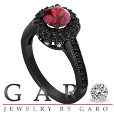 Red Garnet & Fancy Black Diamond Engagement Ring Vintage Style 14K Black Gold 1.76 Carat Halo Pave Set HandMade Certified Unique