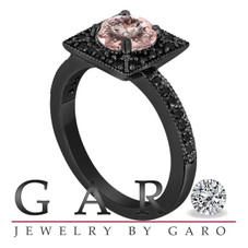 Morganite & Fancy Black Diamonds Engagement Ring 1.25 Carat Vintage Style 14K Black Gold Halo Handmade