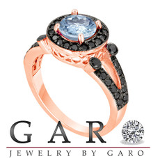 Aquamarine & Black Diamond Engagement Ring 14k Rose Gold 1.52 Carat Unique Halo HandMade Birth Stone