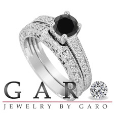 Black Diamond Engagement Ring Wedding Band Sets 14K White Gold 0.87 Carat Antique Style Engraved 