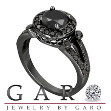 1.60 Carat Fancy Black Diamond Engagement Ring Vintage Style 14k Black Gold Unique Halo HandMade