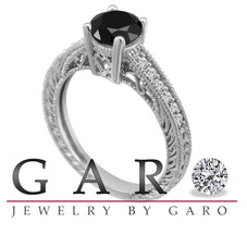 Fancy Black Diamond Engagement Ring Platinum Vintage Antique Style Engraved 1.20 Carat Certified Pave Set HandMade