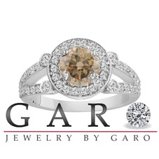 Champagne Brown Diamond Engagement Ring 14k White Gold 1.54 Carat Unique Halo Split Shank HandMade