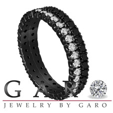 Black And White Diamond Eternity Wedding Bands, Vintage Style 14K Black Gold 1.40 Carat Stackable 2 Bands Handmade