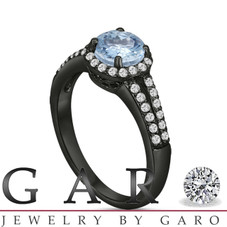 Aquamarine And Diamond Engagement Ring Vintage Style 14K Black Gold 1.20 Carat Handmade Certified