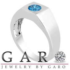 Fancy Blue Diamond Solitaire Mens Ring 14K White Gold HandMade 