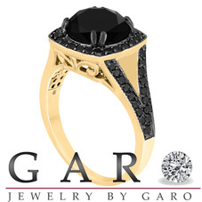 Black Diamond Halo Engagement Ring 14K Yellow Gold 4.00 Carat Unique Certified Handmade 