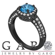 Fancy Blue Diamond Engagement Ring 1.53 Carat Vintage Style 14K Black Gold Bridal Ring Handmade