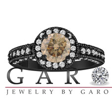 Champagne Brown Diamond Engagement Ring 1.53 Carat Vintage Style 14K Black Gold Bridal Ring Handmade