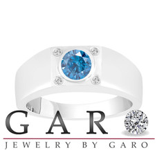 Platinum Blue And White Diamonds Solitaire Mens Ring 0.55 Carat Handmade