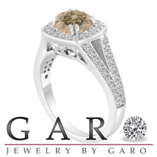 Champagne Brown Diamond Engagement Ring 1.58 Carat 14K White Gold Bridal Ring Handmade Halo