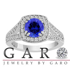 Platinum Blue Sapphire And Diamond Engagement Ring 1.58 Carat Bridal Ring Handmade Halo