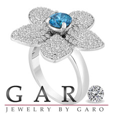 Fancy Blue Diamond Flower Engagement Ring 2.66 Carat 14K White Gold Handmade Unique