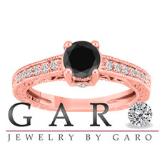 Beautiful Natural Black and white Diamond Engagement Ring. Vintage antique Style engraved pave and Bezel set. 14K Rose Pink Gold 0.70 Carat Handcrafted
