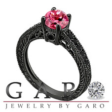 Pink Tourmaline & Black Diamond Engagement Ring 14K Black Gold 1.12 Carat Antique Vintage Style Engraved handmade
