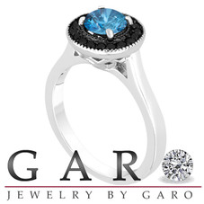 Blue Diamonds Engagement Ring 14K White Gold 1.00 Carat Certified Pave Set Halo Handmade Unique
