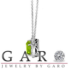 Peridot And Diamonds Solitaire Pendant Necklace Clover Flower 14k White Gold 1.87 Carat Certified Handmade
