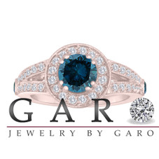 Fancy Blue Diamond Engagement Ring 14K Rose Gold 1.56 Carat Handmade Unique Halo Pave Certified