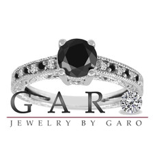 Natural Black Diamond Engagement Ring 14K White Gold 0.63 Carat Vintage Antique Style Pave Handmade Unique
