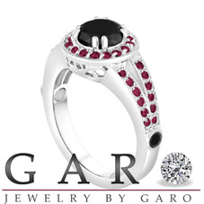 Fancy Black Diamond and Ruby's Engagement Ring 1.62 Carat 14k White Gold Unique Pave Halo Handmade Certified
