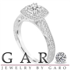 F-SI1 Diamond Engagement Ring 1.15 Carat GIA Certified 14K White Gold Filigree Vintage Antique Style Hand Engraved Halo Pave