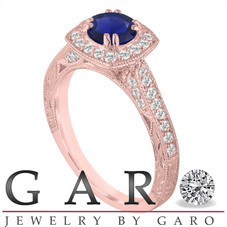 Blue Sapphire And Diamonds Engagement Ring 1.50 Carat 14K Rose Gold Vintage Antique Style Hand Engraved Halo Pave

