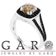 Champagne Diamond Engagement Ring 14K White Gold 1.56 Carat Halo Handmade Certified