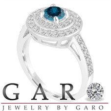 Double Halo Fancy Blue Diamond Engagement Ring 14K White Gold Unique 1.09 Carat Pave Handmade Certified