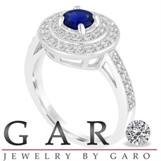 Double Halo Sapphire Engagement Ring 14K White Gold 1.04 Carat Pave Unique Handmade Certified