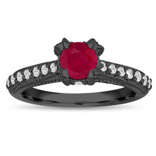 Ruby Engagement Ring 14K Black Gold Vintage Style 0.85 Carat Unique Handmade Pave Certified