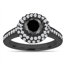 Double Halo Black Diamond Engagement Ring 14K Rose Gold 1.66 Carat Pave ...