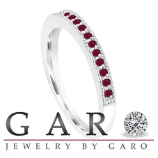 Red Ruby Wedding Band 14K White Gold Half Eternity Anniversary Ring Handmade Stackable Birthstone Pave 0.16 Carat
