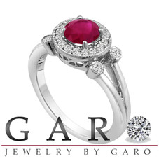 Red Ruby Engagement Ring 14K White Gold 1.12 Carat With Side Diamonds Unique Halo Pave Handmade Certified
