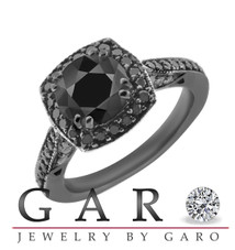 1.92 Carat Black Diamonds Engagement Ring 14K Black Gold Vintage Style Certified Halo Pave Handmade