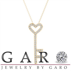 Diamond Key Pendant Necklace Love Heart 14K Yellow Gold 0.51 Carat Pave Handmade