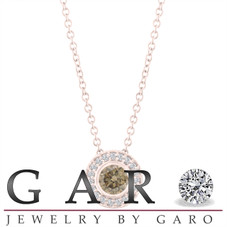 Fancy Champagne Brown Diamond Pendant Necklace 14K Rose Gold 0.45 Carat Halo Bezel And Micro Pave Set Handmade
