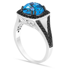 3.04 Carat Blue Topaz Engagement Ring, Wedding Ring With Black Diamonds 14K White Gold Unique Halo Pave Handmade Certified
